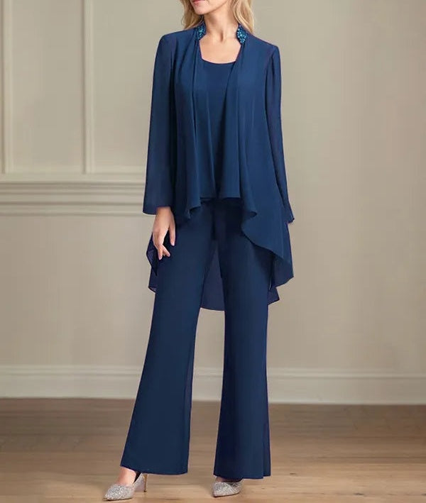 Chiffon Scoop Neck Long Sleeves Floor Length Mother Of The Bride Pantsuits