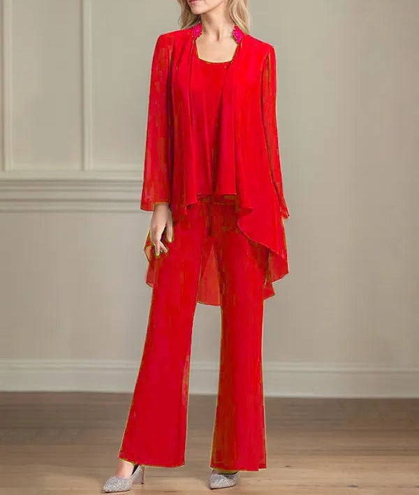 Chiffon Scoop Neck Long Sleeves Floor Length Mother Of The Bride Pantsuits