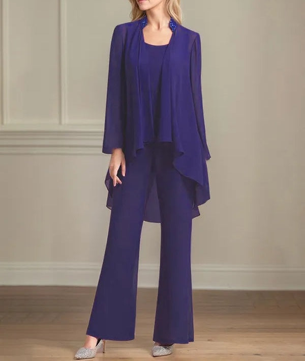 Chiffon Scoop Neck Long Sleeves Floor Length Mother Of The Bride Pantsuits