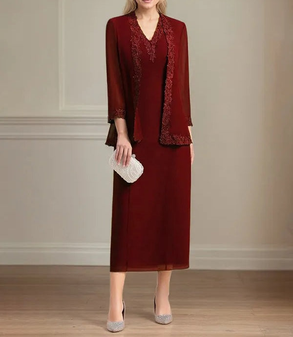 Sheath/Column Chiffon V Neck 3/4 Sleeves Tea Length Mother Of The Bride Dress