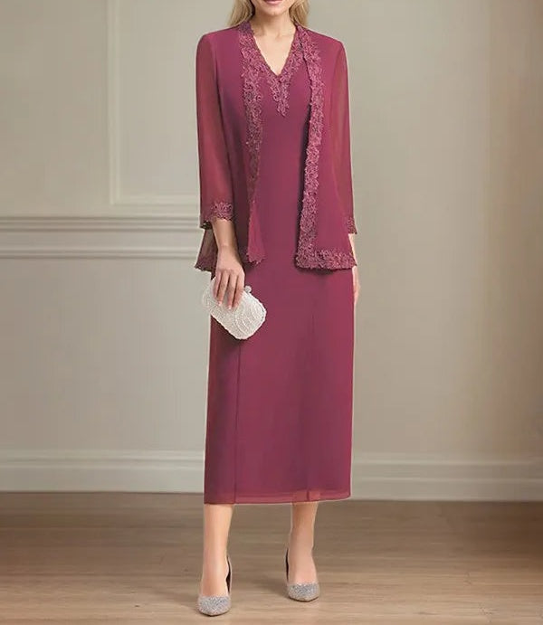Sheath/Column Chiffon V Neck 3/4 Sleeves Tea Length Mother Of The Bride Dress