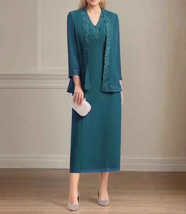 Sheath/Column Chiffon V Neck 3/4 Sleeves Tea Length Mother Of The Bride Dress