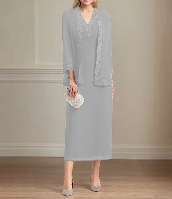 Sheath/Column Chiffon V Neck 3/4 Sleeves Tea Length Mother Of The Bride Dress