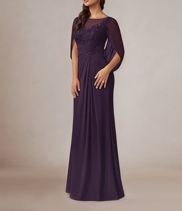 Plum Sheath/Column Chiffon Boat Neck Floor Length Mother of the Bride Dress