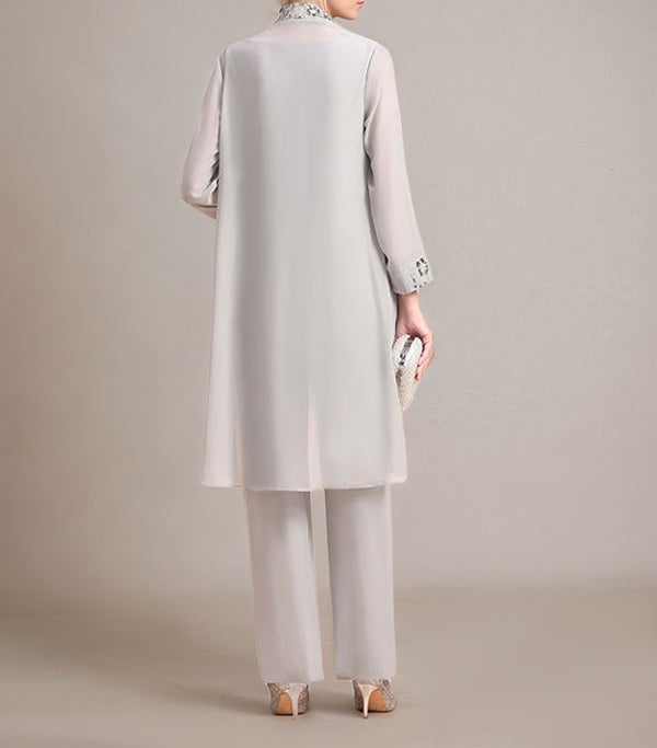 Elegant Sleeveless Appliques Silver Chiffon Mother of Bride Jumpsuit with Wrap