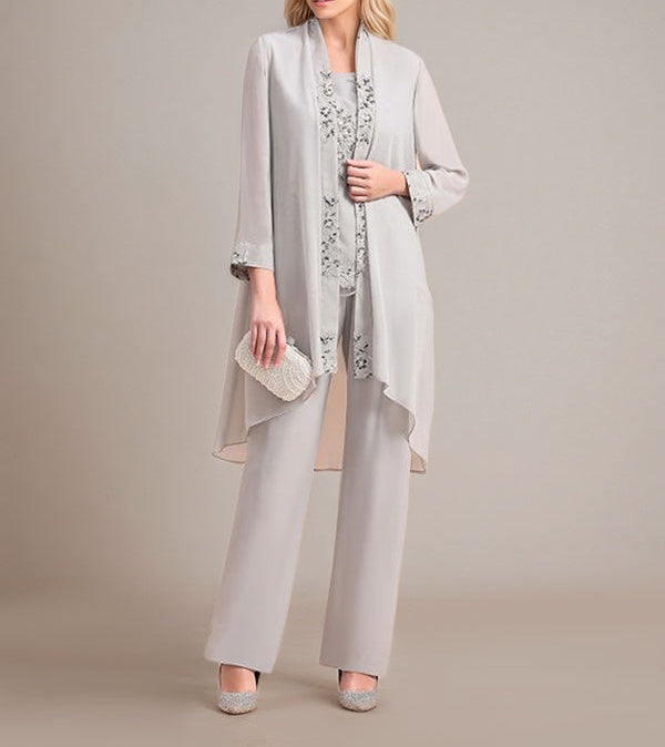 Elegant Sleeveless Appliques Silver Chiffon Mother of Bride Jumpsuit with Wrap
