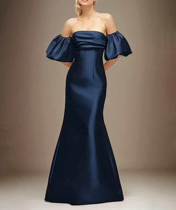 Navy Blue Satin Sheath/Column Off the Shoulder Puff Sleeve Floor Length Dress