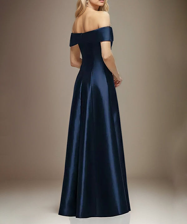 Navy Blue Satin A Line Off the Shoulder Floor Length Dress With Bow