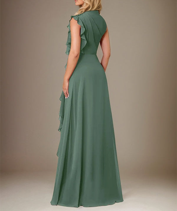 Eucalyptus A Line Chiffon High Neck Sleeveless Floor Length Dress With Cascading Ruffles