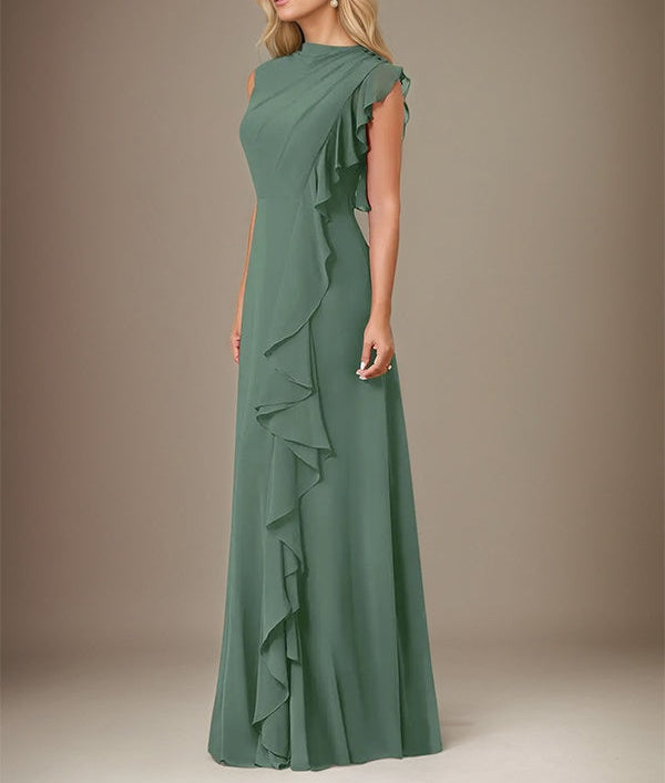 Eucalyptus A Line Chiffon High Neck Sleeveless Floor Length Dress With Cascading Ruffles