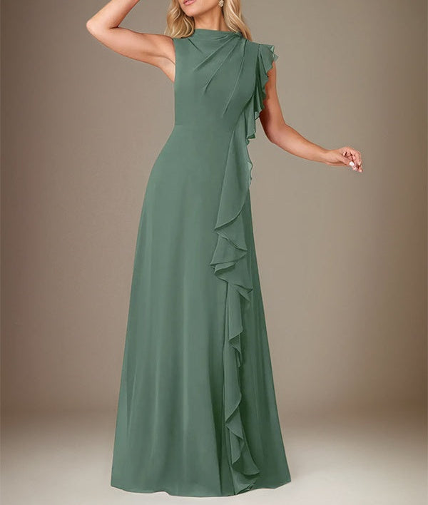 Eucalyptus A Line Chiffon High Neck Sleeveless Floor Length Dress With Cascading Ruffles