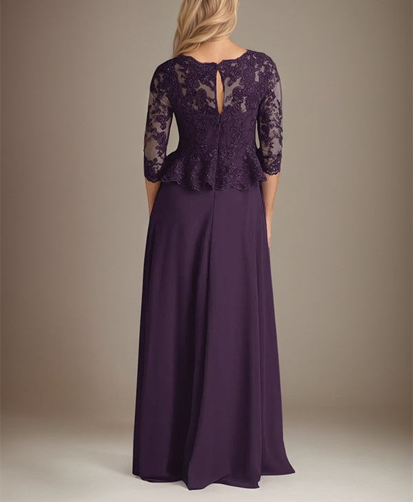 Plum A Line Chiffon Boat neck 3/4 Sleeves Floor Length Dress With Appliques