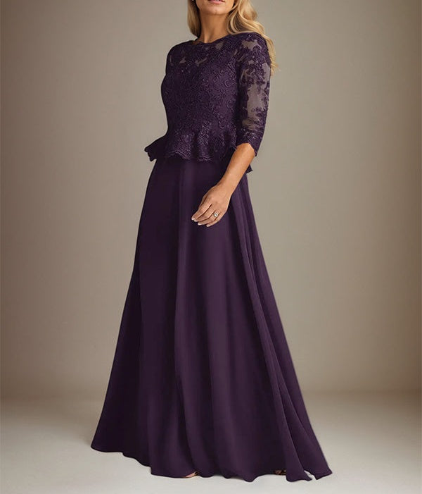 Plum A Line Chiffon Boat neck 3/4 Sleeves Floor Length Dress With Appliques
