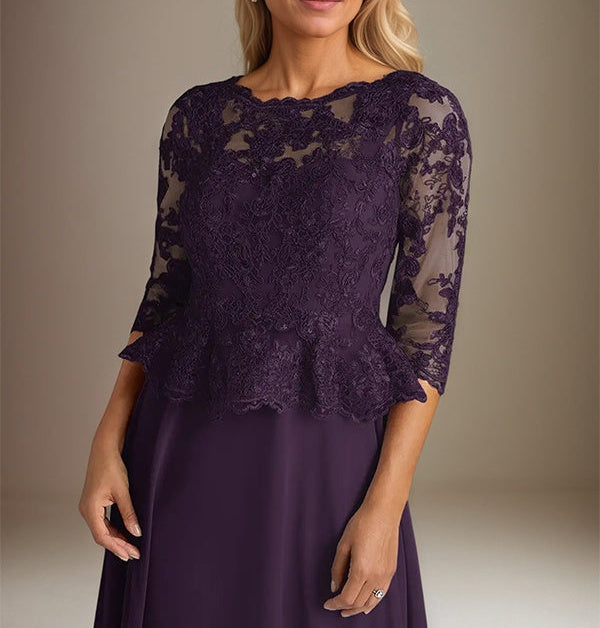 Plum A Line Chiffon Boat neck 3/4 Sleeves Floor Length Dress With Appliques