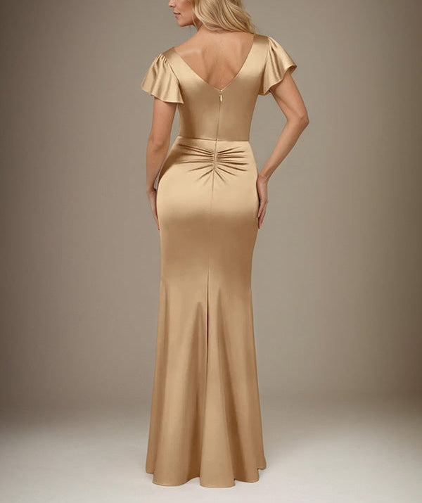 Champagne Trumpet/Mermaid Satin V Neck Short Sleeves Floor Length Dress With Slit