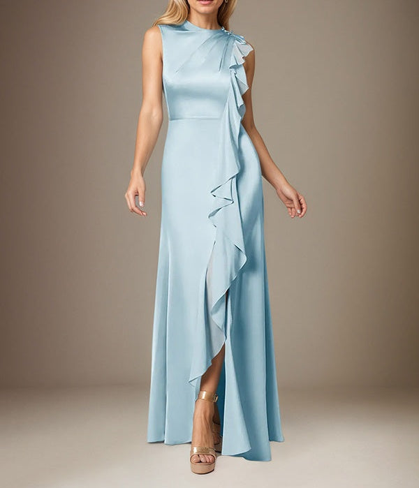 Sky Blue A Line Satin High Neck Sleeveless Floor Length Dress