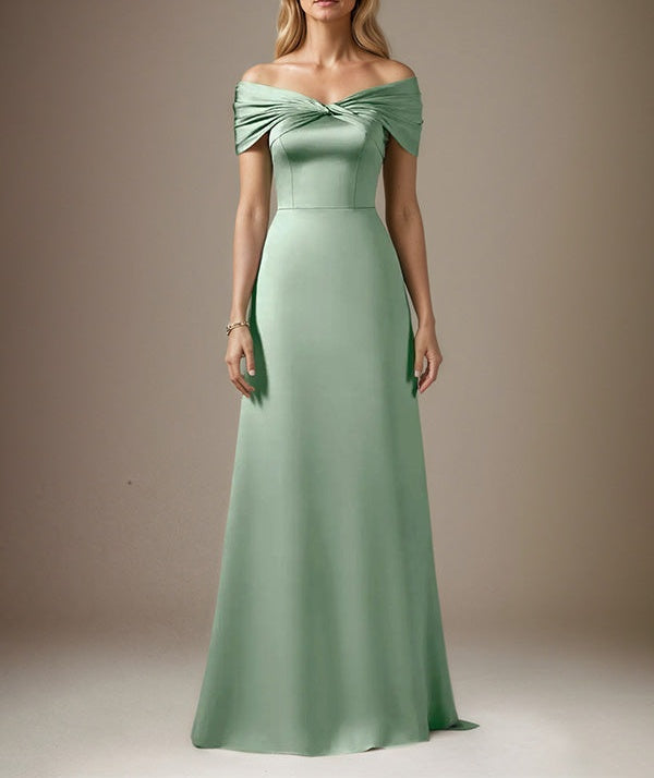 Mist Blue A Line Satin Off The Shoulder Sleeveless Floor Length Dress