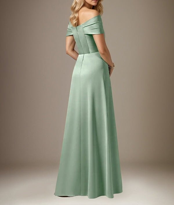 Mist Blue A Line Satin Off The Shoulder Sleeveless Floor Length Dress