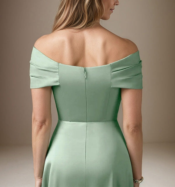 Mist Blue A Line Satin Off The Shoulder Sleeveless Floor Length Dress