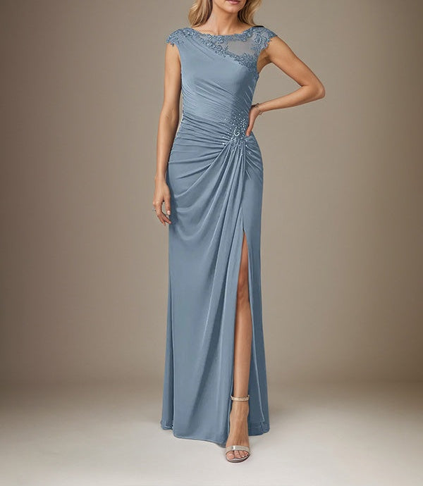 Dusty Blue Sheath/Column Chiffon Boat Neck Short Sleeves Floor Length Dress With Slit