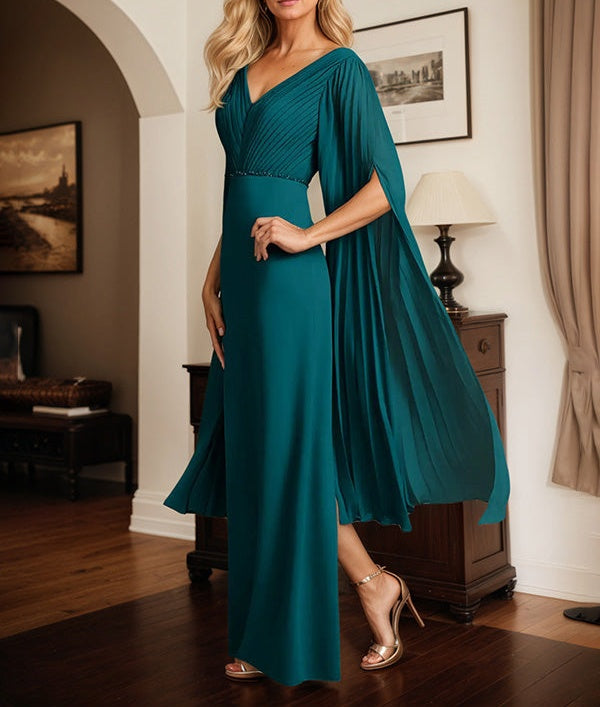 Peacock Chiffon V Neck Cape Sleeves Floor Length Dress With Pleated
