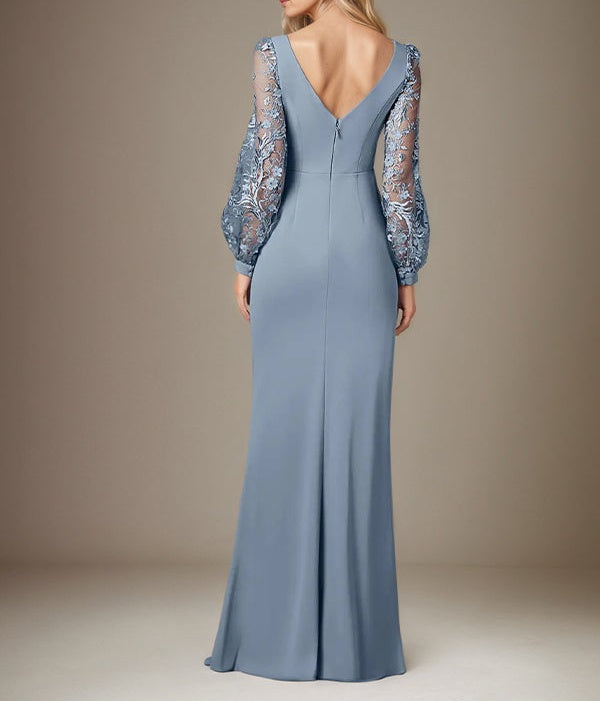 Dusty Blue Stretch Crepe Round Neck Long Sleeves Floor Length Dress With Appliques