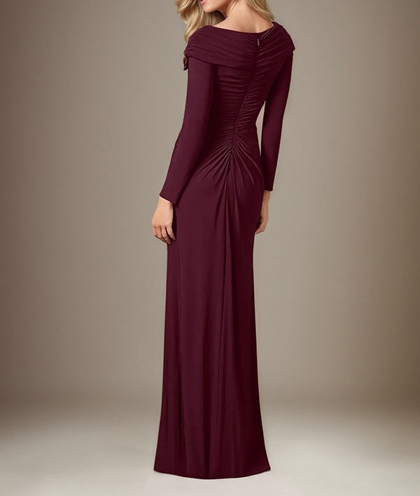 Cabernet Satin Asymmetrical Neck Long Sleeves Floor Length Dress With 3D Flower