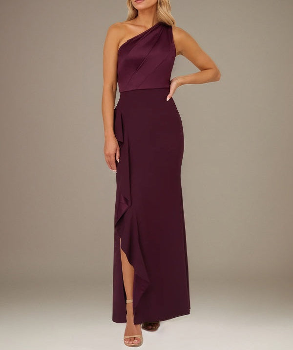 Orchid Satin One Shoulder Sleeveless Floor Length Dress With High Slit