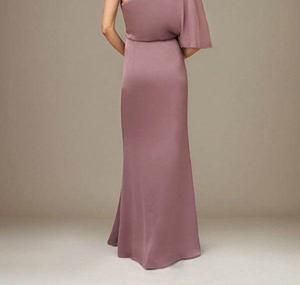 Mauve Satin One Shoulder 1/2 Sleeves Floor Length Pleated Dress With High Slit