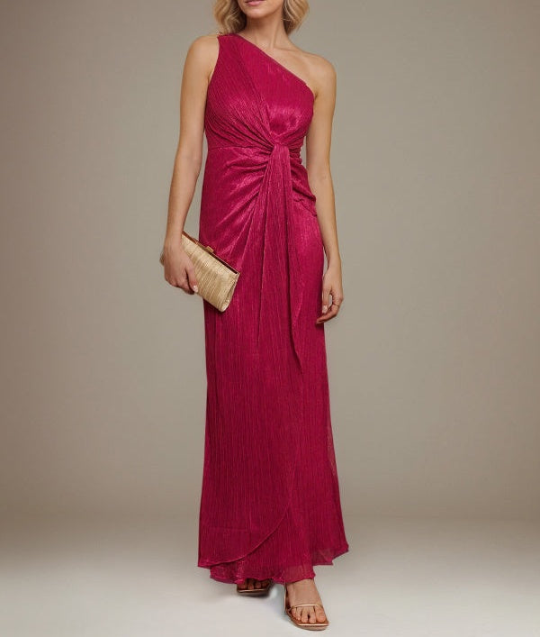 Fuchsia Chiffon One Shoulder Sleeveless Floor Length Pleated Dress