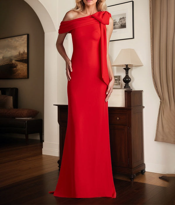 Red Sheath/Column One Shoulder Floor Length Mother of the Bride Dress With Bow