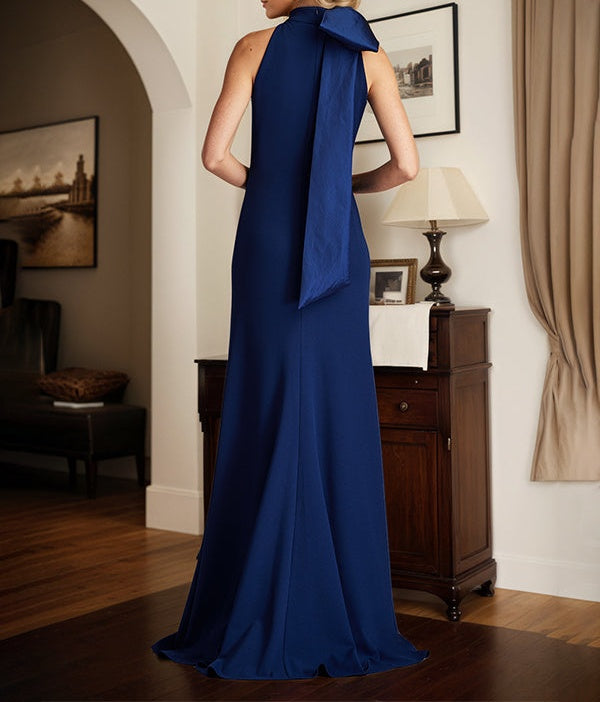 Royal Blue Sheath/Column Halter Neck Floor Length Mother of the Bride Dress With Bow