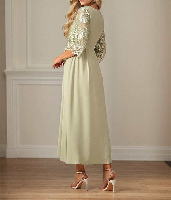 Crew Neck  A Line Ruffle Ruched Lace Maxi Dress Mother Of The Bride Dress