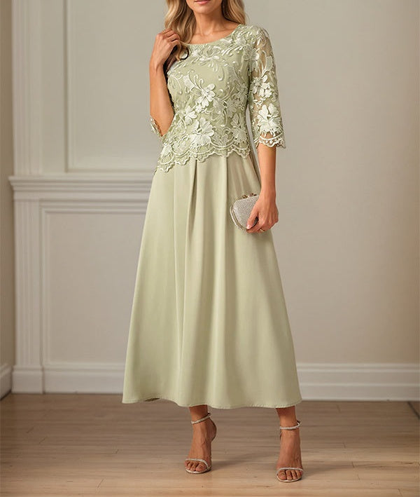 Crew Neck  A Line Ruffle Ruched Lace Maxi Dress Mother Of The Bride Dress