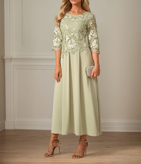 Crew Neck  A Line Ruffle Ruched Lace Maxi Dress Mother Of The Bride Dress