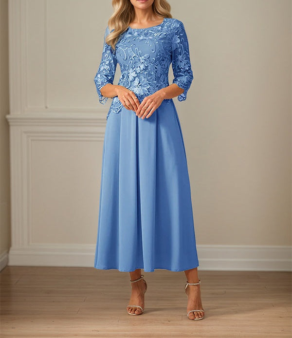 Crew Neck  A Line Ruffle Ruched Lace Maxi Dress Mother Of The Bride Dress