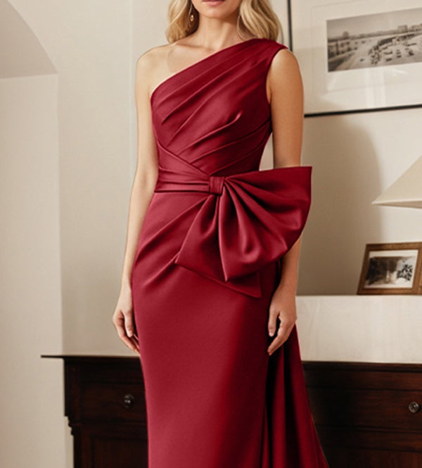 Sheath/Column One-Shoulder Satin Mother Of The Bride Dress With Bows
