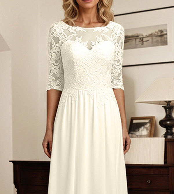 A-Line Scoop Neck 1/2 Sleeves Lace Chiffon Mother Of The Bride Dresses With Appliques