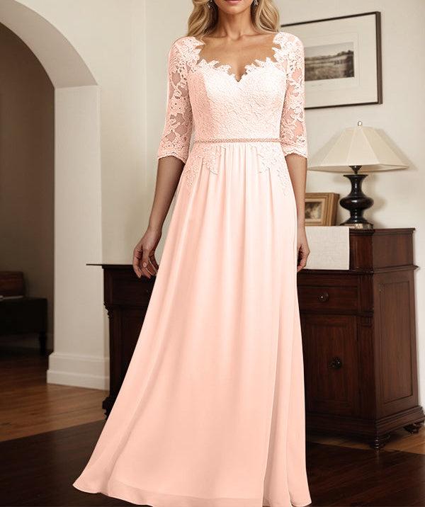 A-Line V Neck 1/2 Sleeves Chiffon Mother Of The Bride Dresses With Appliques Lace