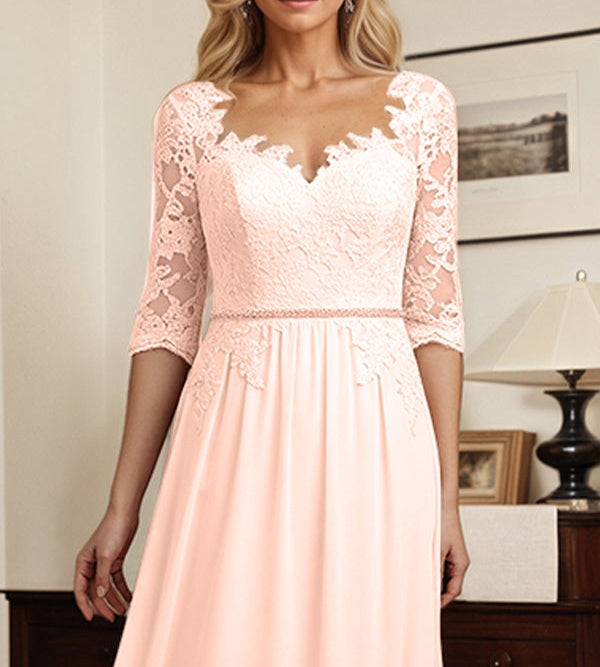 A-Line V Neck 1/2 Sleeves Chiffon Mother Of The Bride Dresses With Appliques Lace