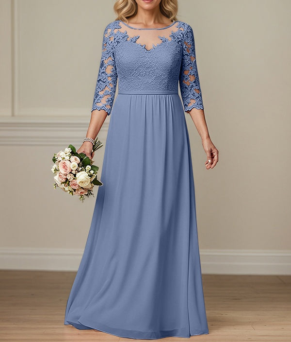A-Line Illusion Neck 2/3 Sleeves Chiffon Mother Of The Bride Dresses With Appliques Lace