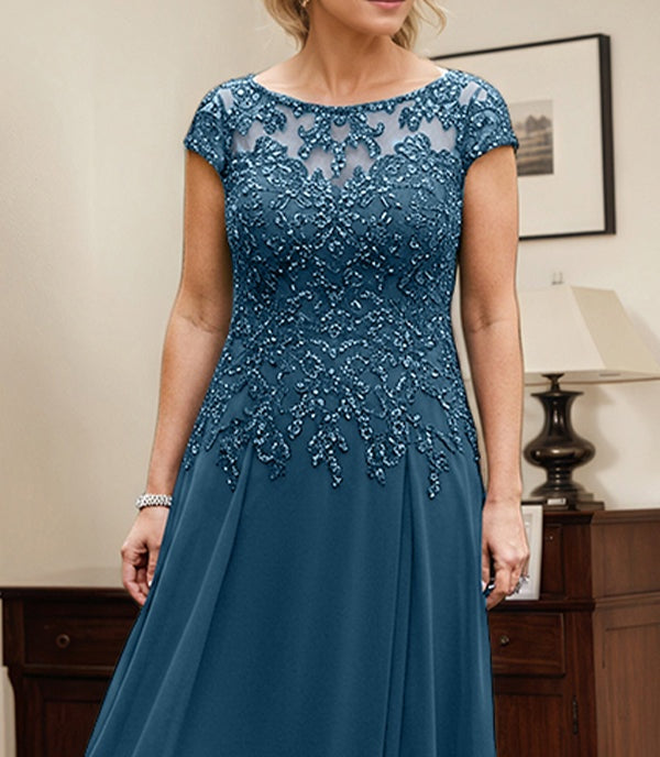 Ink Blue A-line Scoop Illusion Floor-Length Lace Chiffon Mother of the Bride Dress With Sequins