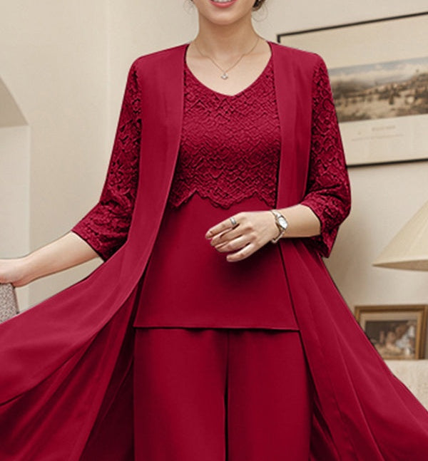 Burgundy Separates Jumpsuit/Pantsuit Scoop Floor-Length Chiffon Mother of the Bride Dress