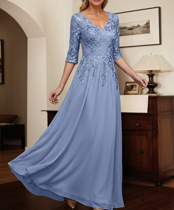 Slate Blue A Line V-Neck Chiffon Mother Of The Bride Dress With Appliques