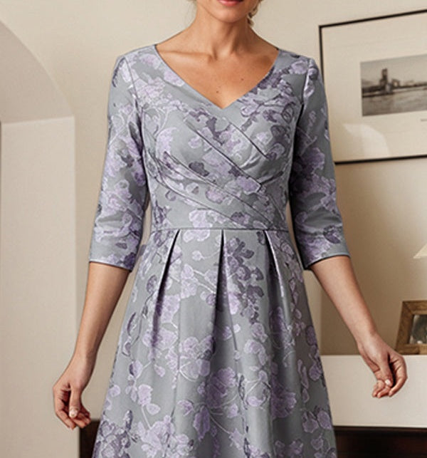 A-line V-Neck Tea-Length Floral Mother of the Bride Dress