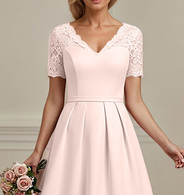 Blushing Pink A-line V-Neck Tea-Length Chiffon Lace Mother of the Bride Dress