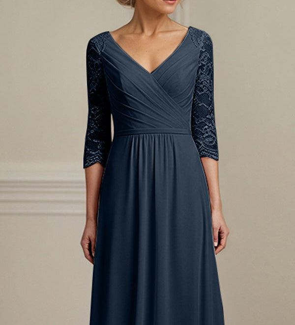Dark Navy A-line V-Neck Floor-Length Lace Chiffon Mother of the Bride Dress With Pleated