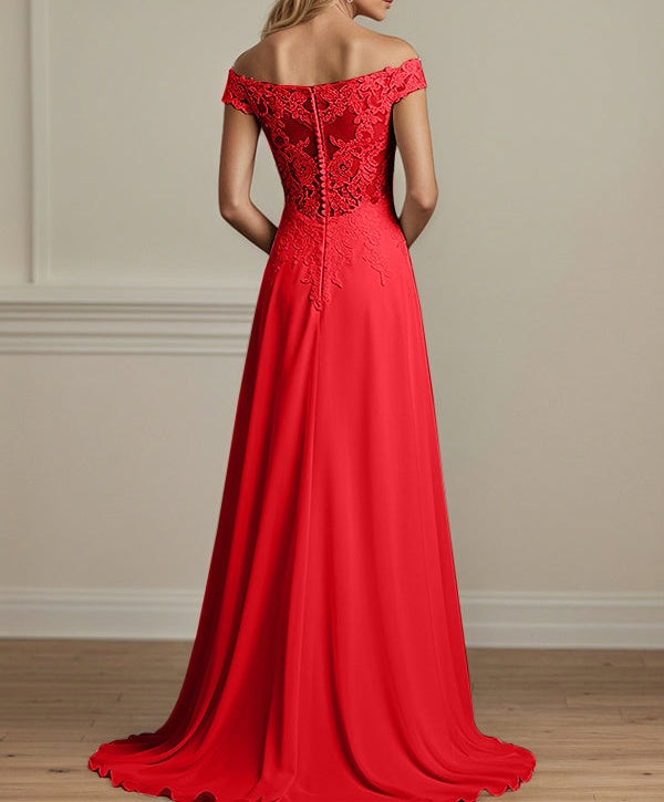 Red A Line Off The Shoulder Chiffon Mother Of The Bride Dress With Appliques