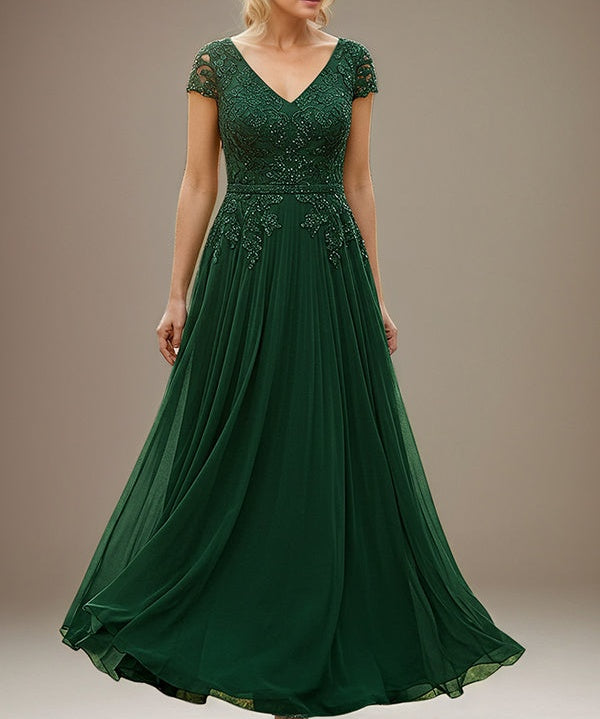 Emerald A-line V Neck Floor-Length Lace Chiffon Mother of the Bride Dress with Appliques