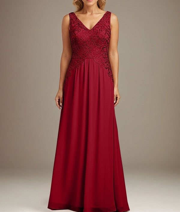Burgundy A-line V Neck Floor-Length Lace Chiffon Mother of the Bride Dresses